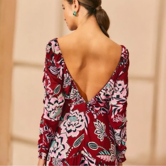 FARM RIO Burgundy Pineapple Inspiration Floral Print V Neck Open Back Maxi Dress - Picture 5 of 11